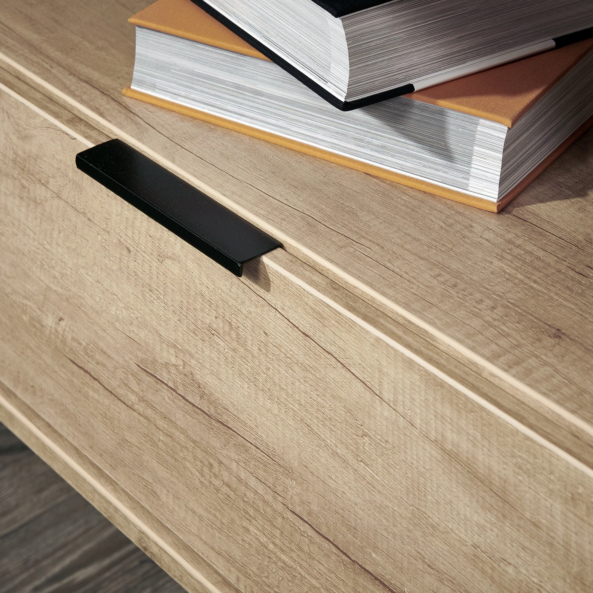 Asher Light Oak Media Console Unit with Black Legs - Image 4