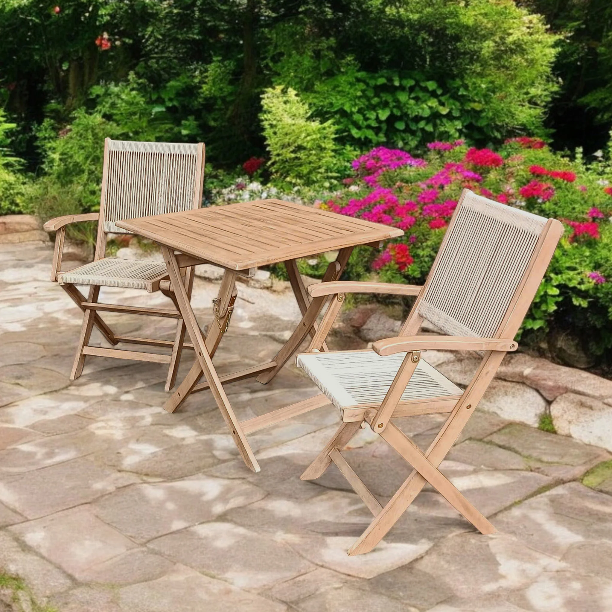 London FSC Acacia 2 Seater Square Folding Bistro Set with London Rope Folding Armchairs - Image 6