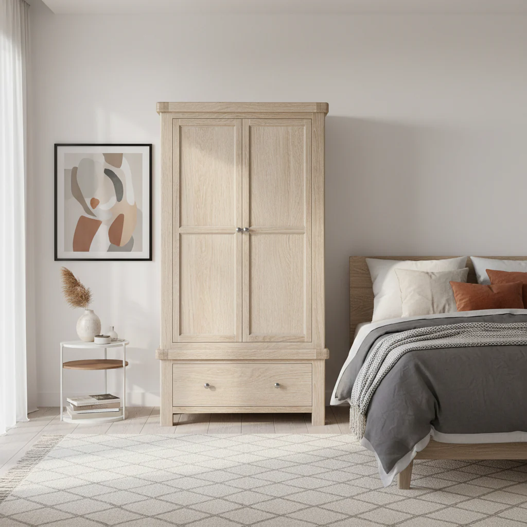 Portland Washed Oak Double Wardrobe with Drawer - Image 2