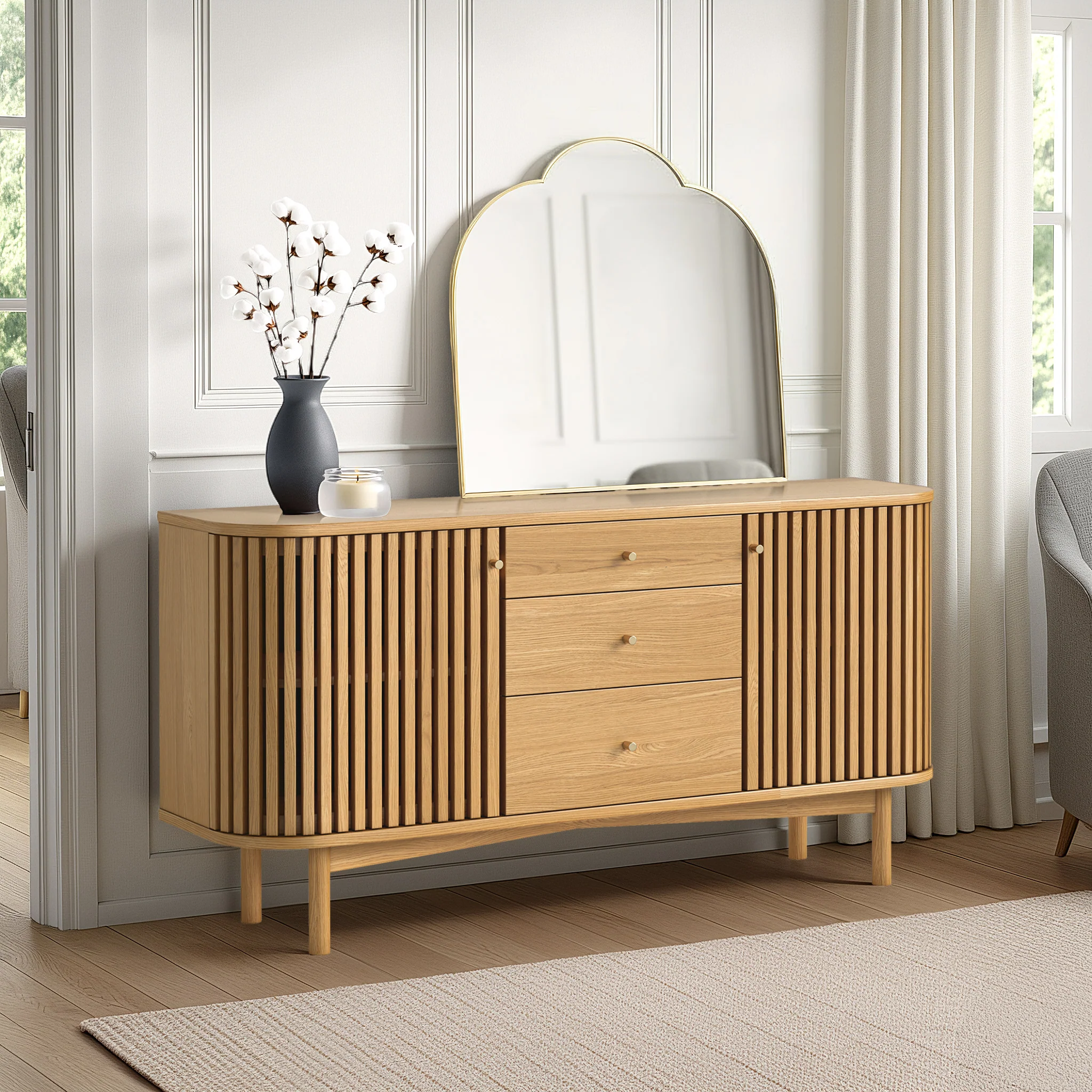 Shorwell Oak Slatted 3 Drawer Sideboard - Image 2